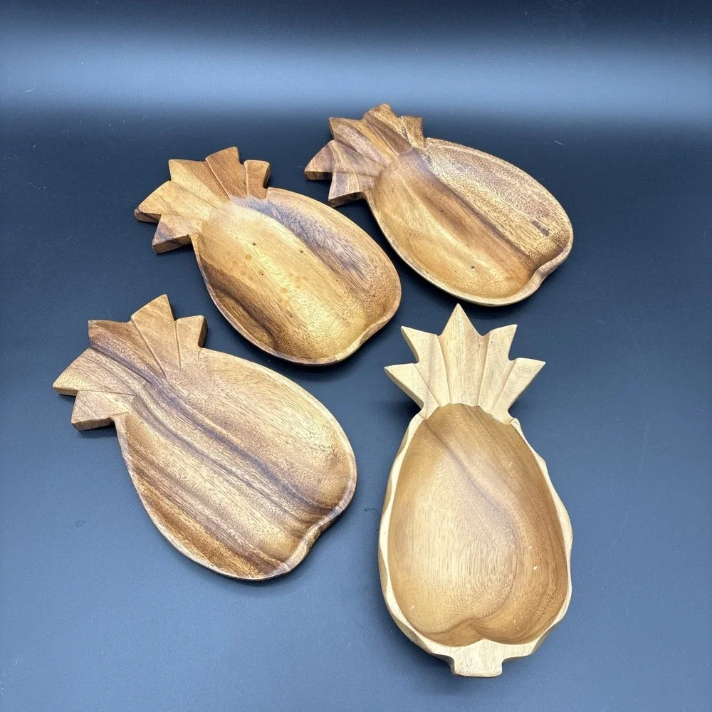 4 Pc Vintage Hawaiian Monkeypod Wood Pineapple Serving Plates & Deep Bowl